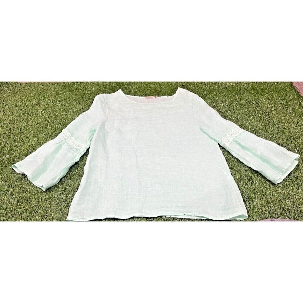 Francesca Bettini Italian Made Eyelet Trim Bell Sleeve Linen Top sz M Mint Green